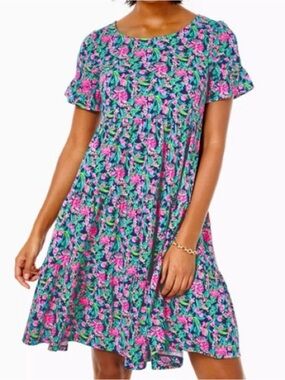 Lilly Pulitzer Jodee Tiered Swing Dress in Low Tide Navy Garden Print Size XL